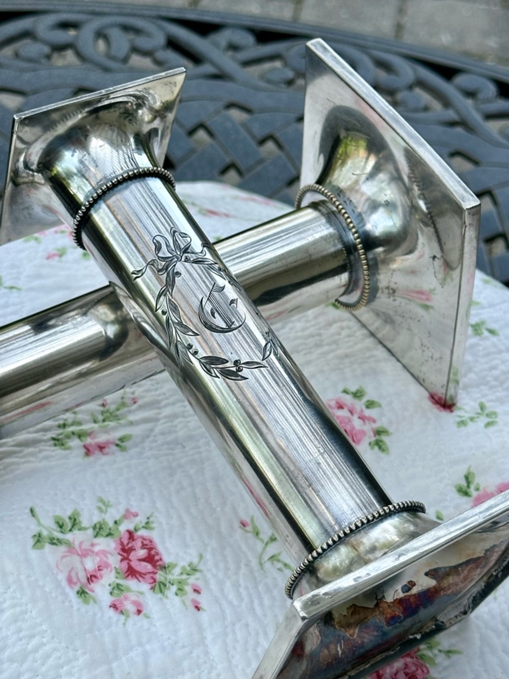 Vintage Pairpoint Silverplate Candlesticks Engraved Monogram Deco Pair - Picture 2 of 12